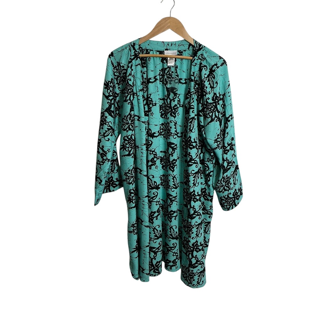 Soft Surroundings Large Turquoise Black Open Front Kimono Relaxed Layer NEW